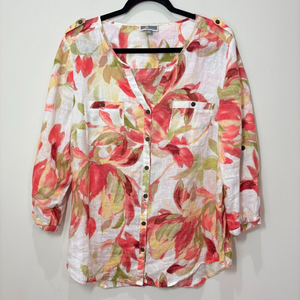 JM 100% Linen Floral Top Women 14 Button Front Lightweight Relaxed Lagenlook